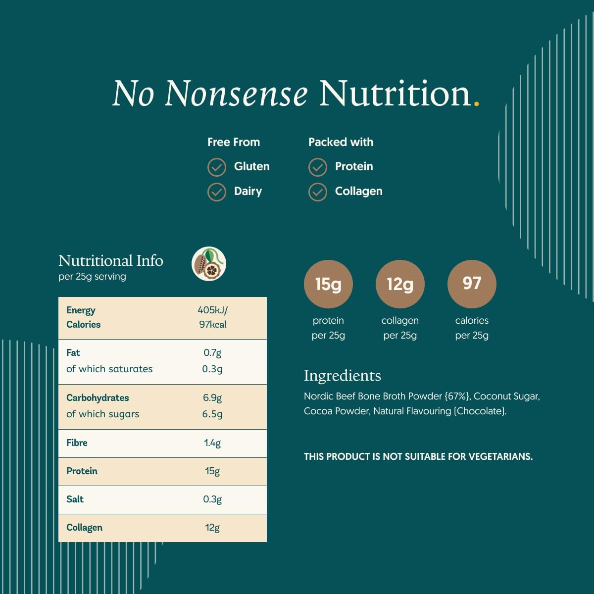 Supplement facts & ingredients image: Freja collagen protein powder nutrition label pouch 300g