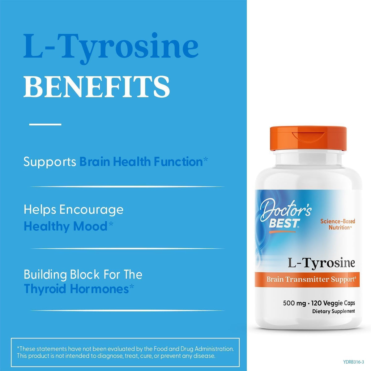 Doctor's Best L-Tyrosine 500mg 120 Veggie Capsules Pack of 2