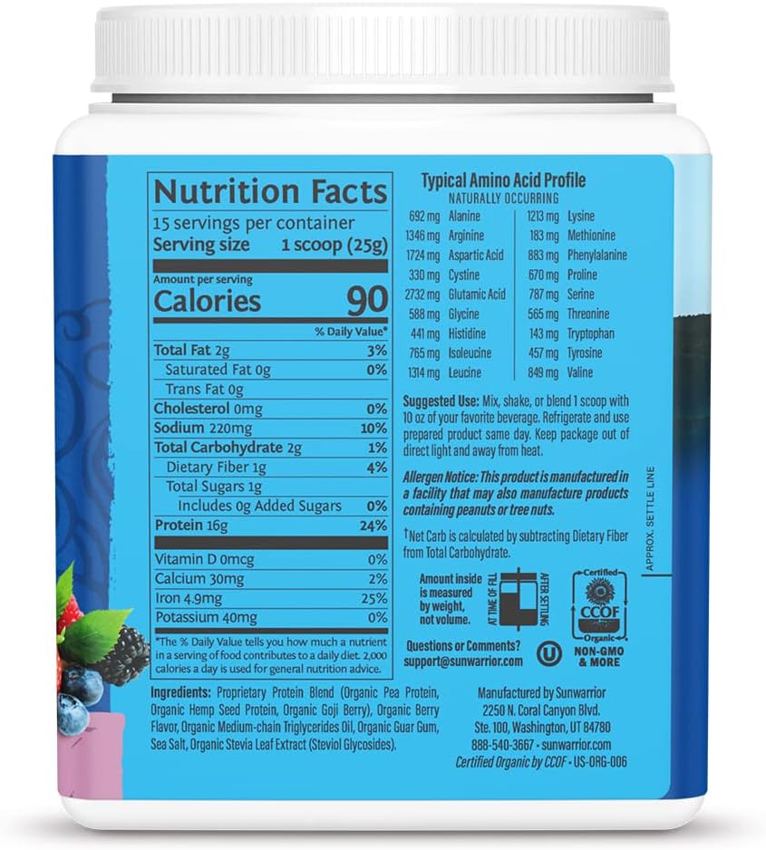 Back of Sunwarrior berry protein powder showing certifications.