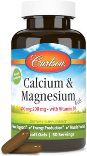 Front image: Carlson Calcium Magnesium softgels vitamin D3 2 to 1 ratio 100 bottle