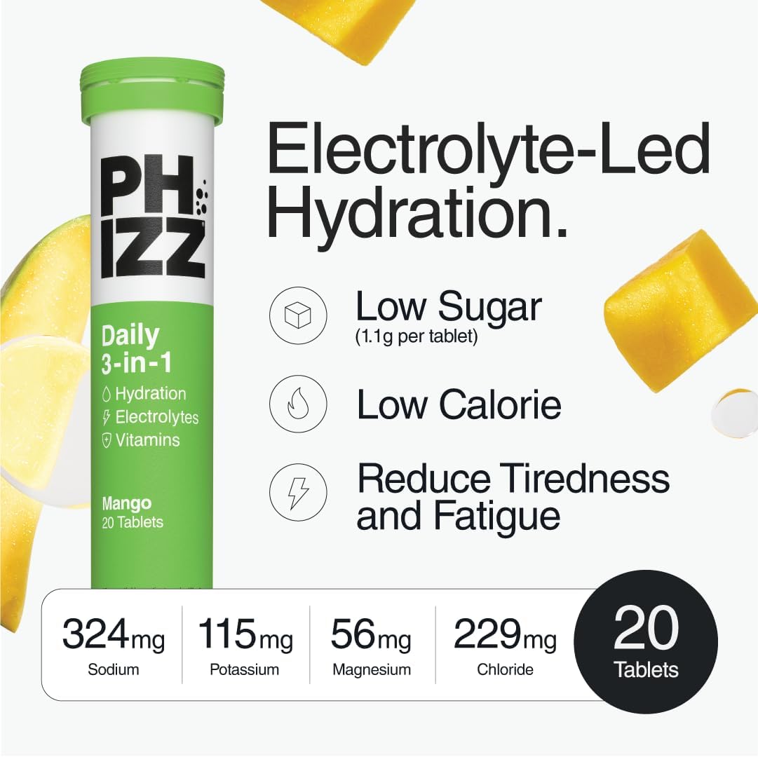 Phizz Daily 3-in-1 Electrolyte & Multivitamin Mango Tablets –  20 Count