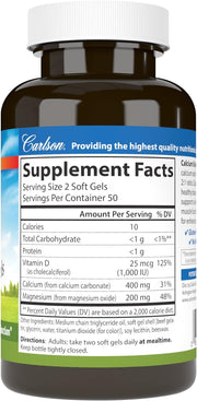 Supplement facts & ingredients image: Carlson Calcium Magnesium vitamin D3 supplement facts softgels 100 bottle