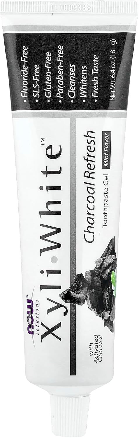 NOW Solutions Xyliwhite Charcoal Toothpaste Gel tube, 181g, on white background.