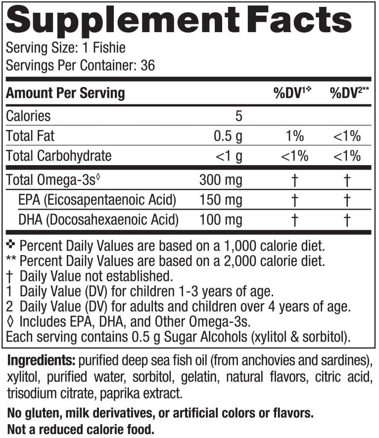 Packaging showing supplement facts for children's omega-3 chewable fish.
