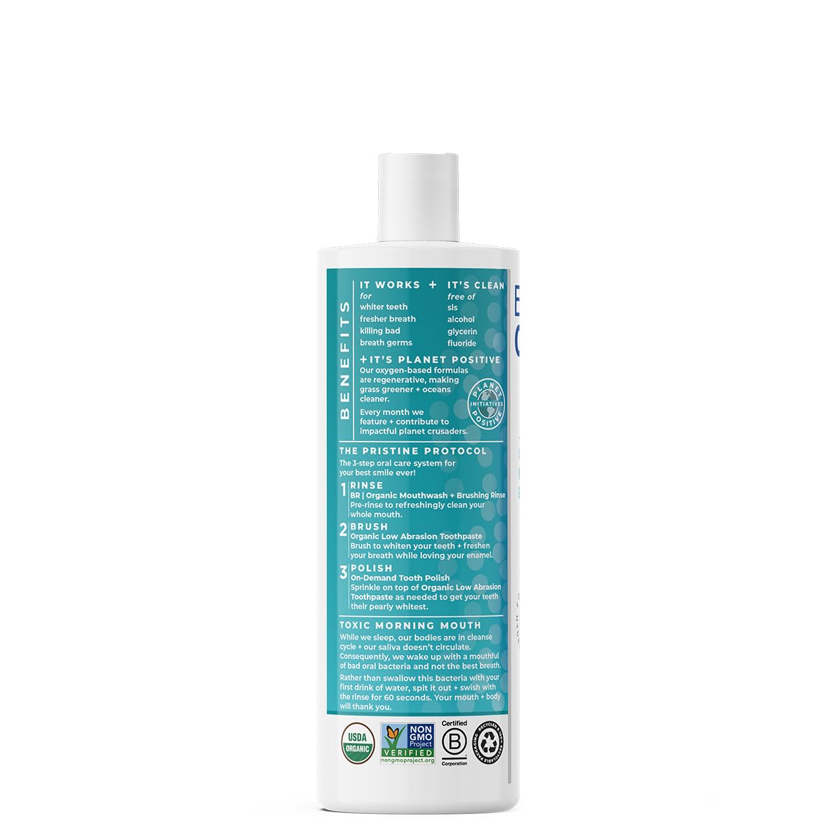 Essential Oxygen Organic Brushing Rinse showing ingredients and directions for use.