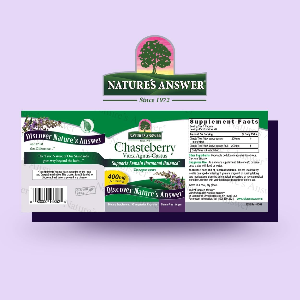Nature’s Answer Chasteberry Vitex 400mg vegetarian capsules 90 count barcode