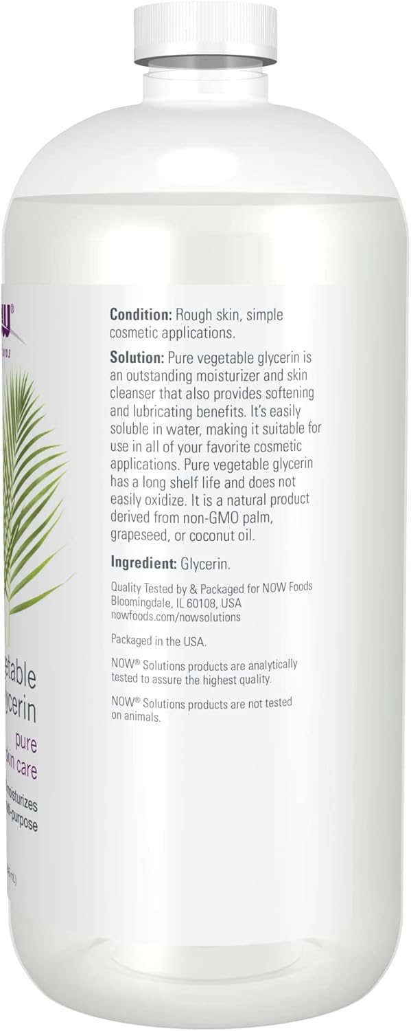 Supplement facts label and usage instructions for NOW Vegetable Glycerin.