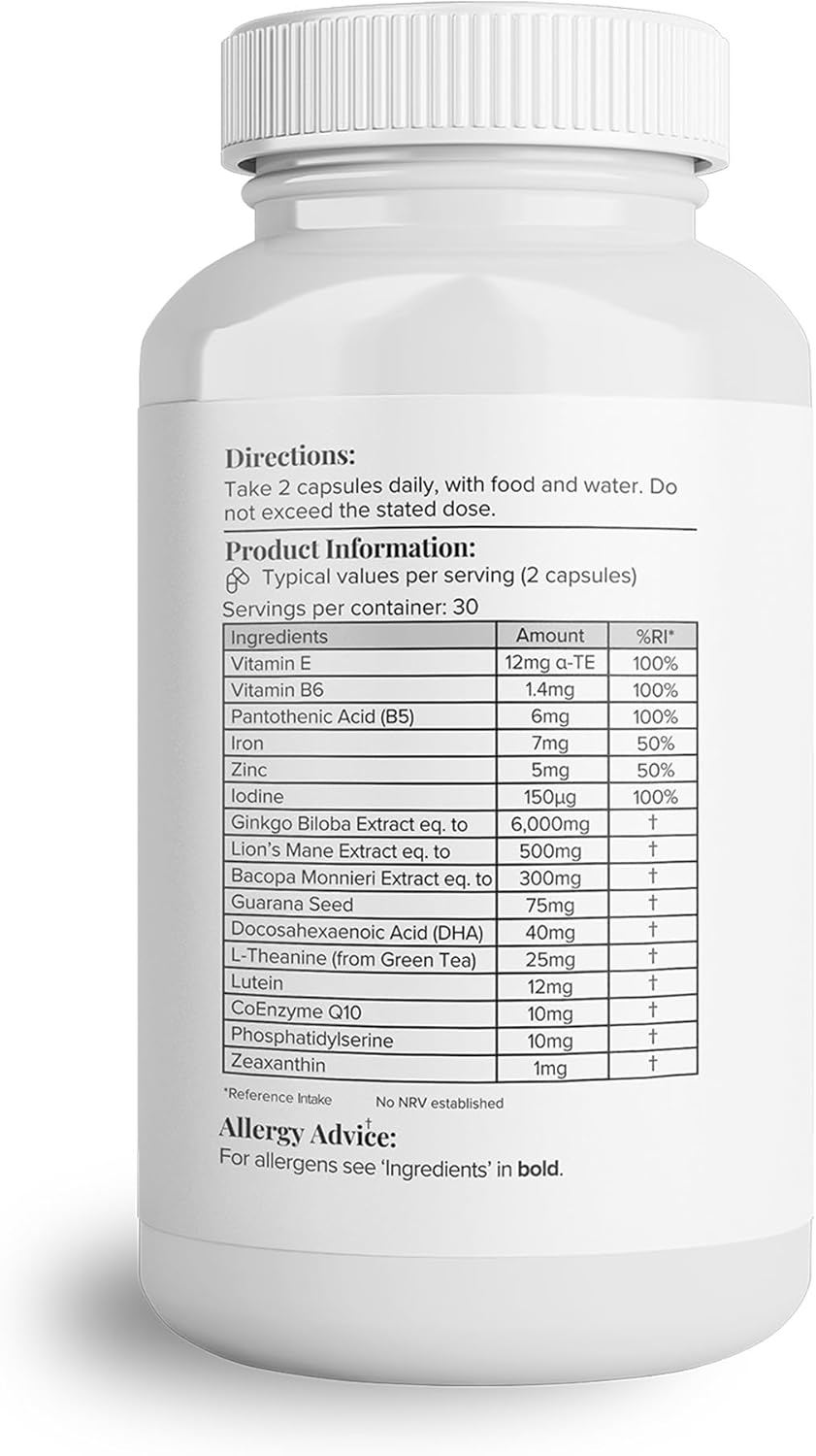 Supplement facts panel for Mental Clarity herbal complex.