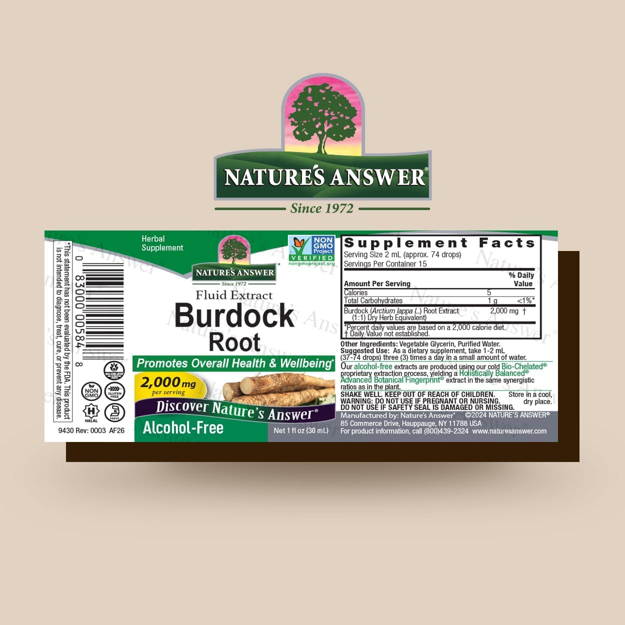 Nature’s Answer Burdock Root alcohol-free liquid extract 30ml barcode