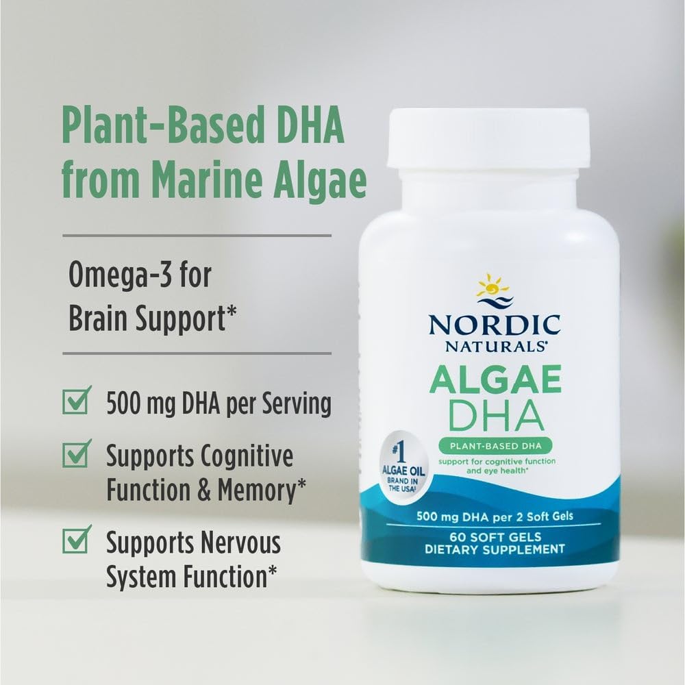 Nordic Naturals Algae DHA 500mg vegan softgel bottle - 60 softgels, on white background.