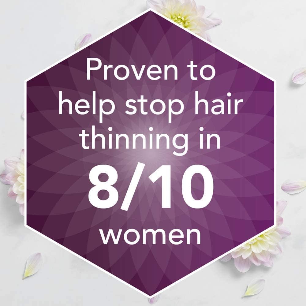 Hexagonal purple badge with text about hair thinning treatment efficacy on a light background with flowers.
