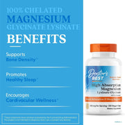 Doctor's Best High Absorption Magnesium Lysinate Glycinate, bottle packaging, no flavour, 105mg, 120 veggie capsules, daily supplement use
