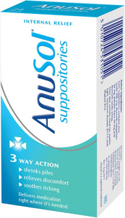 Sealed pack of Anusol Suppositories, 24 count box, on a clean background.