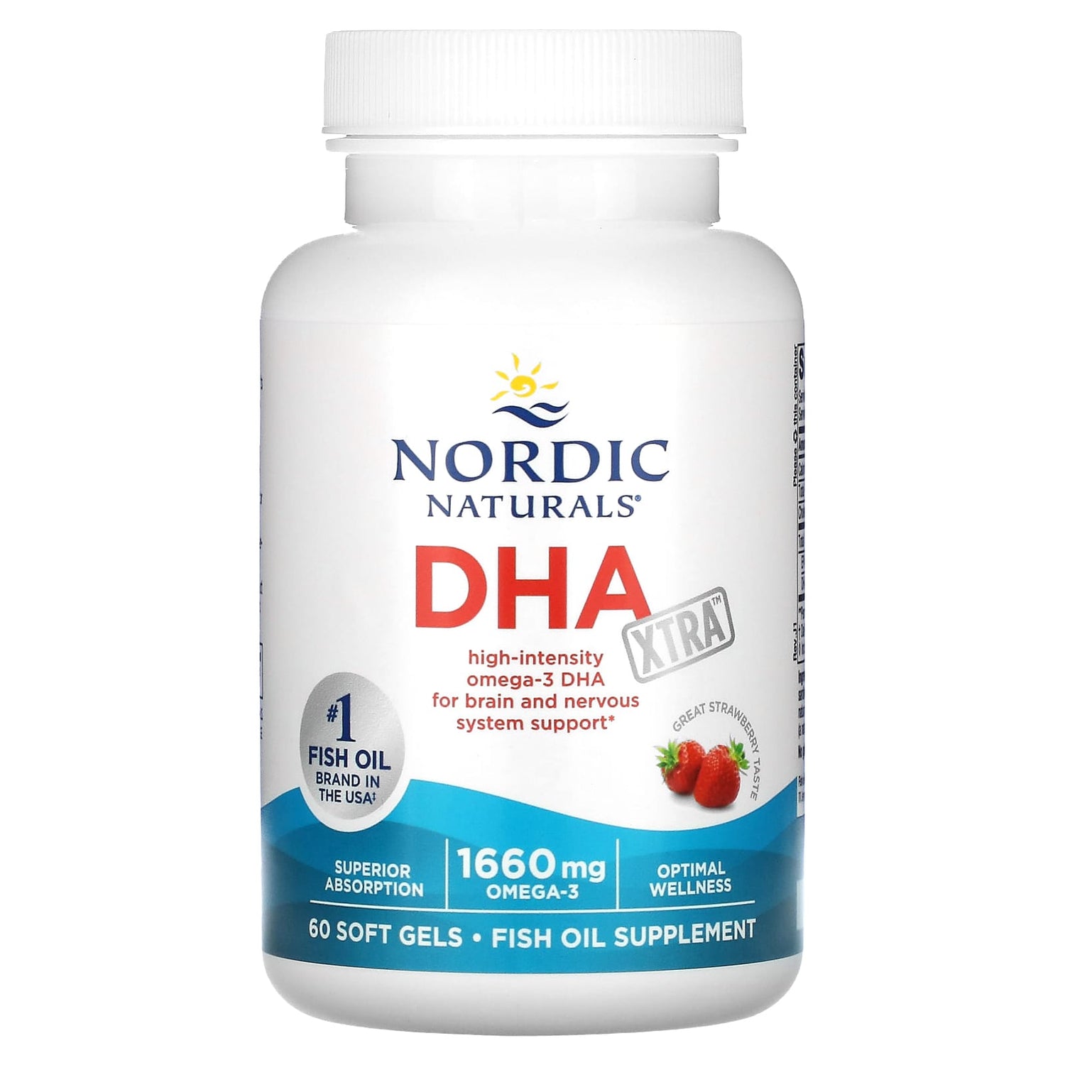Nordic Naturals DHA Xtra Omega-3 Fish Oil bottle with strawberry-flavoured softgels, 60 count.