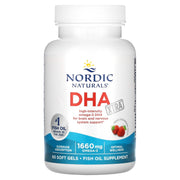 Nordic Naturals DHA Xtra Omega-3 Fish Oil bottle with strawberry-flavoured softgels, 60 count.