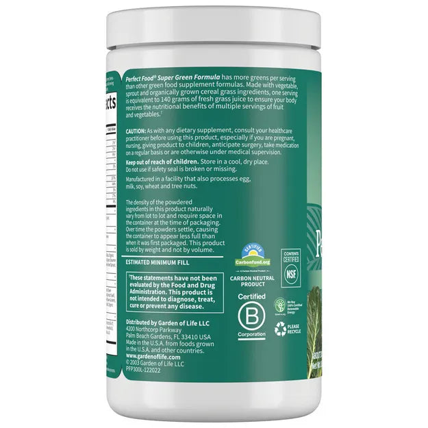Garden of Life Perfect Food Super Greens powder supplements.