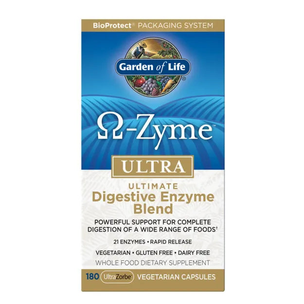 Garden of Life Omega-Zyme Ultra Digestive Enzymes  box, 180 capsules.