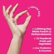  Supplement facts and dosage list for Raw B-12 vitamin.