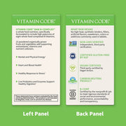 Supplement facts panel for Raw B Complex showing B vitamins, whole food & probiotic blends.