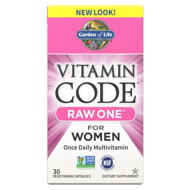 Garden of Life Vitamin Code RAW ONE for Women box, once daily multivitamin, 30 count.