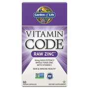Garden of Life Vitamin Code Raw Zinc box, 30mg with Vitamin C, 60 vegan capsules.