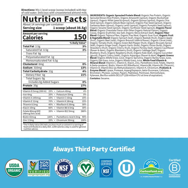 Nutrition facts and ingredients for Garden of Life Chocolate Protein Shake.