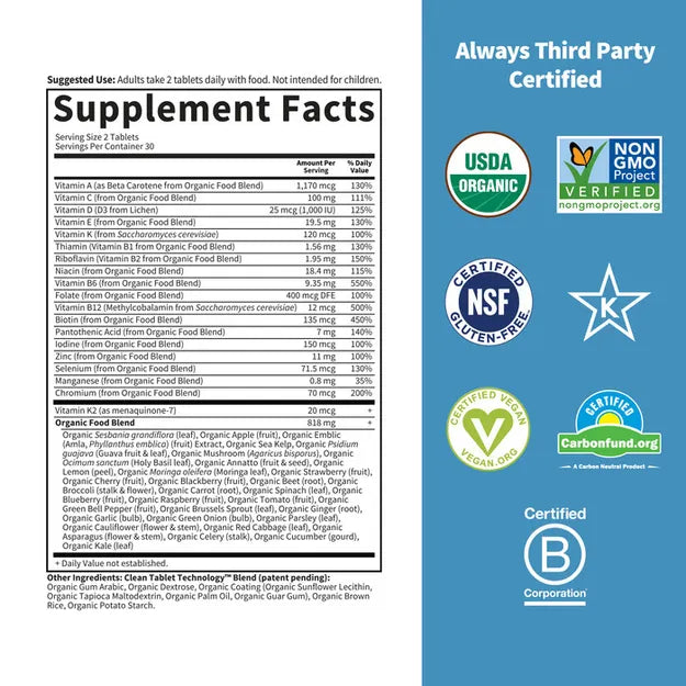 Supplement facts and organic ingredient list for Men's Multivitamin.