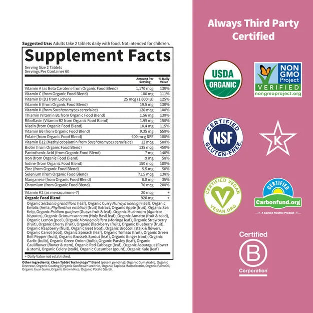 Supplement facts for Organic Women's Multivitamin.