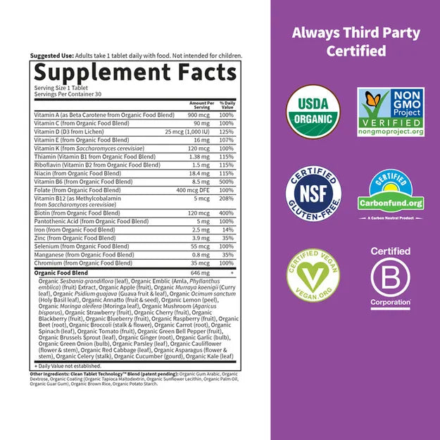 Garden of Life Organics Once Daily Whole Food Multivitamin Vegan Tablet for Women supplement facts
