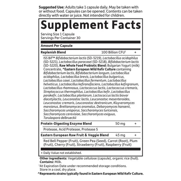 Supplement facts label for 100 Billion CFU Raw Probiotics showing ingredients.