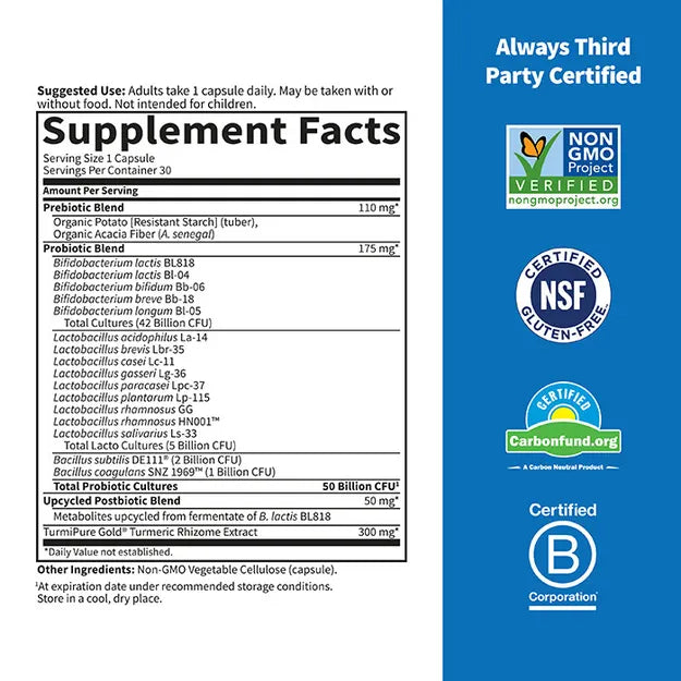 Supplement facts for Sport Probiotics with turmeric and prebiotics