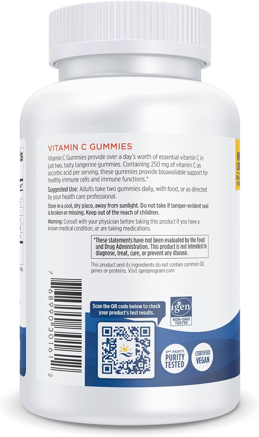 Supplement facts label for vegan Vitamin C gummies, dosage instructions and barcode