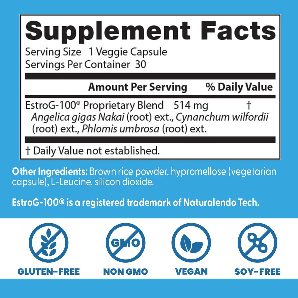 Doctor's Best Menopause Spectrum with EstroG-100, bottle packaging, no flavour, 30 veggie capsules, supplement facts and ingredients