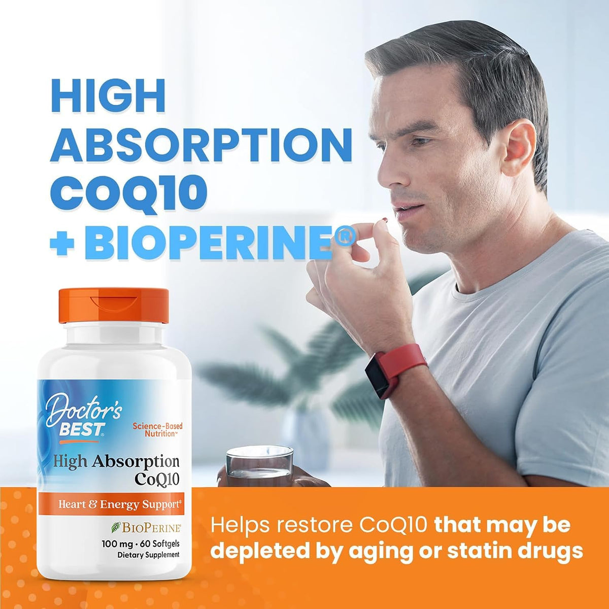 Doctor's Best High Absorption CoQ10 with BioPerine, bottle packaging, unflavoured, 100mg, 60 or 120 softgels, daily dietary supplement use