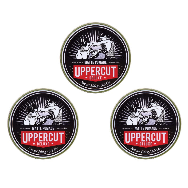 Front image: Uppercut Deluxe Matte Pomade 100g tin medium hold matte styling product 3 packs