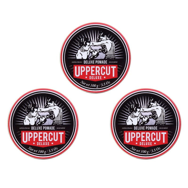 Front image: Uppercut Deluxe Pomade 100g jar strong hold high shine styling product 3 packs