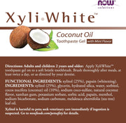 NOW Solutions XyliWhite Coconut Oil Toothpaste Gel Mint Flavour 181g packaging showing ingredients and product information 