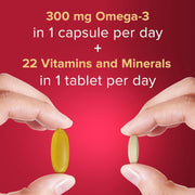 One beige multivitamin tablet and one gold Omega-3 capsule dosage.