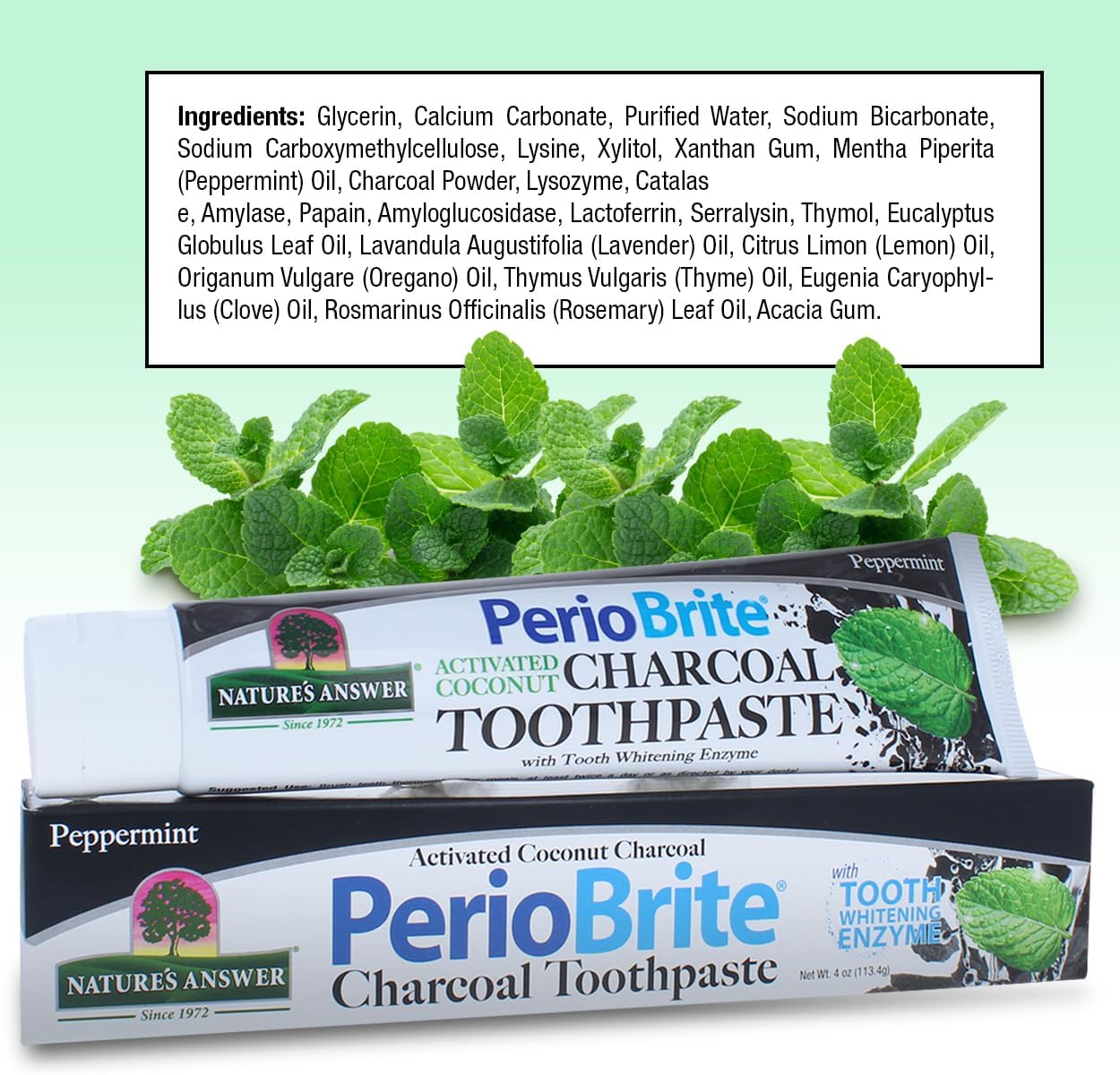 Nature’s Answer PerioBrite charcoal toothpaste ingredient panel 113.4g back viewon a light green background
