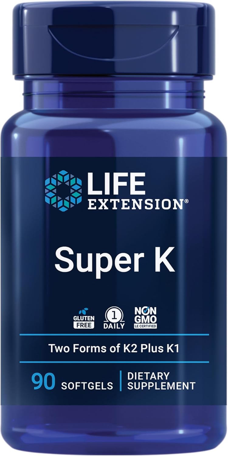 Life Extension Super K full spectrum vitamin K supplement bottle, 90 softgels.