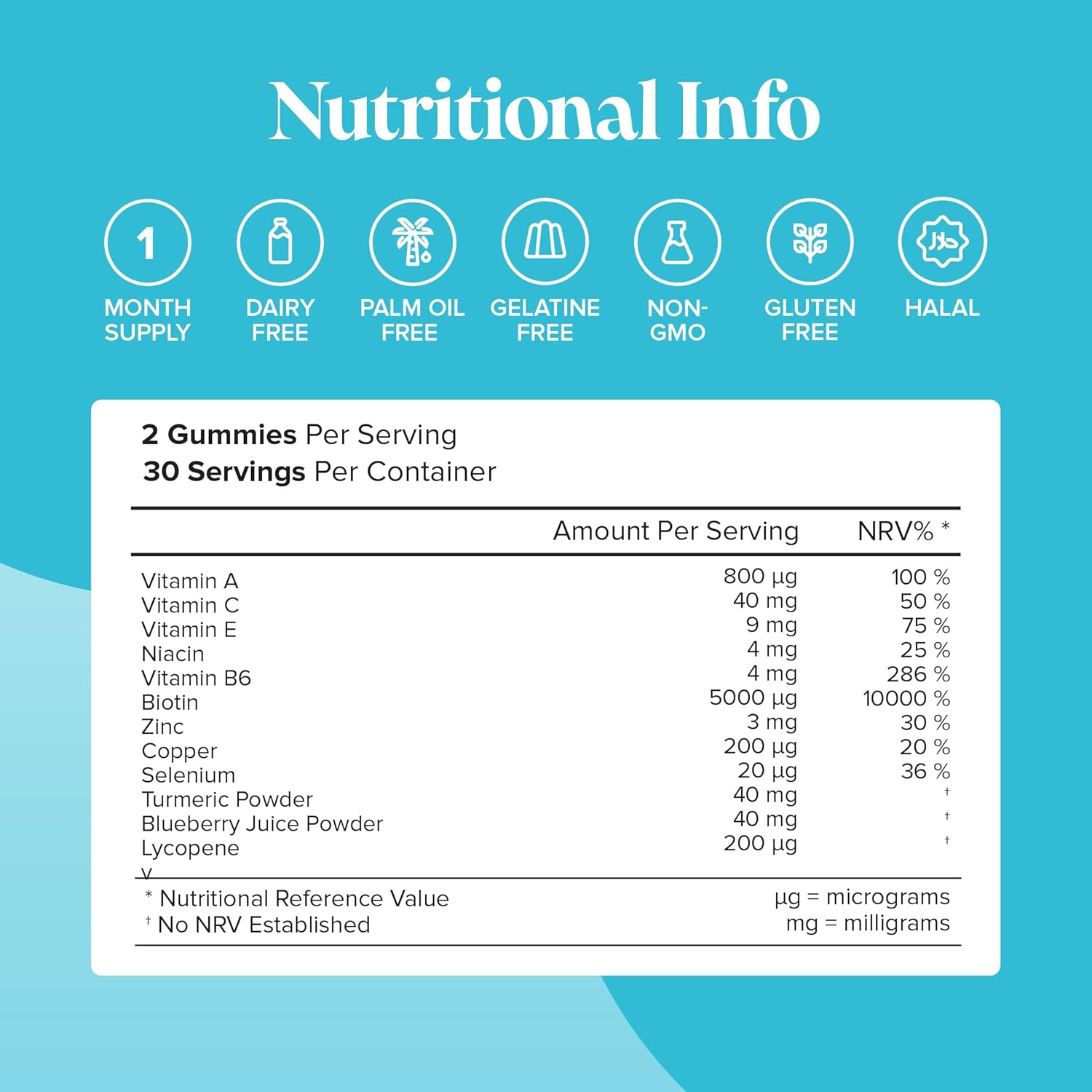 Novomins Hair Skin Nails Gummies Orange 60 Count nutritional info vitamins minerals panel