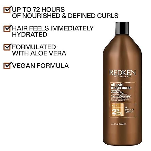 Redken All Soft Mega Curls Shampoo bottle, sulfate-free, 1000ml on white background.