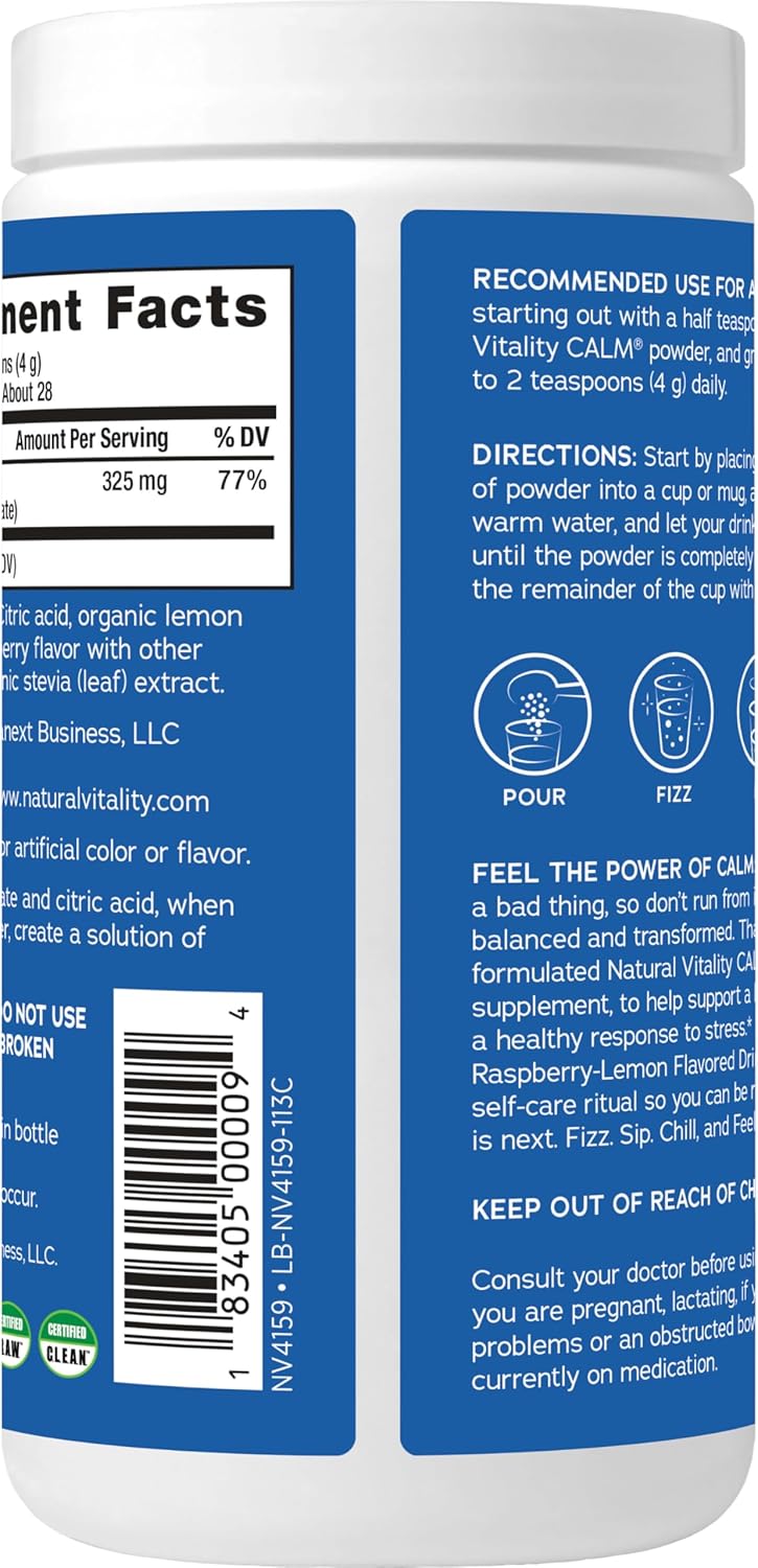 Barcode, supplement facts and instructions for flavoured magnesium powder.