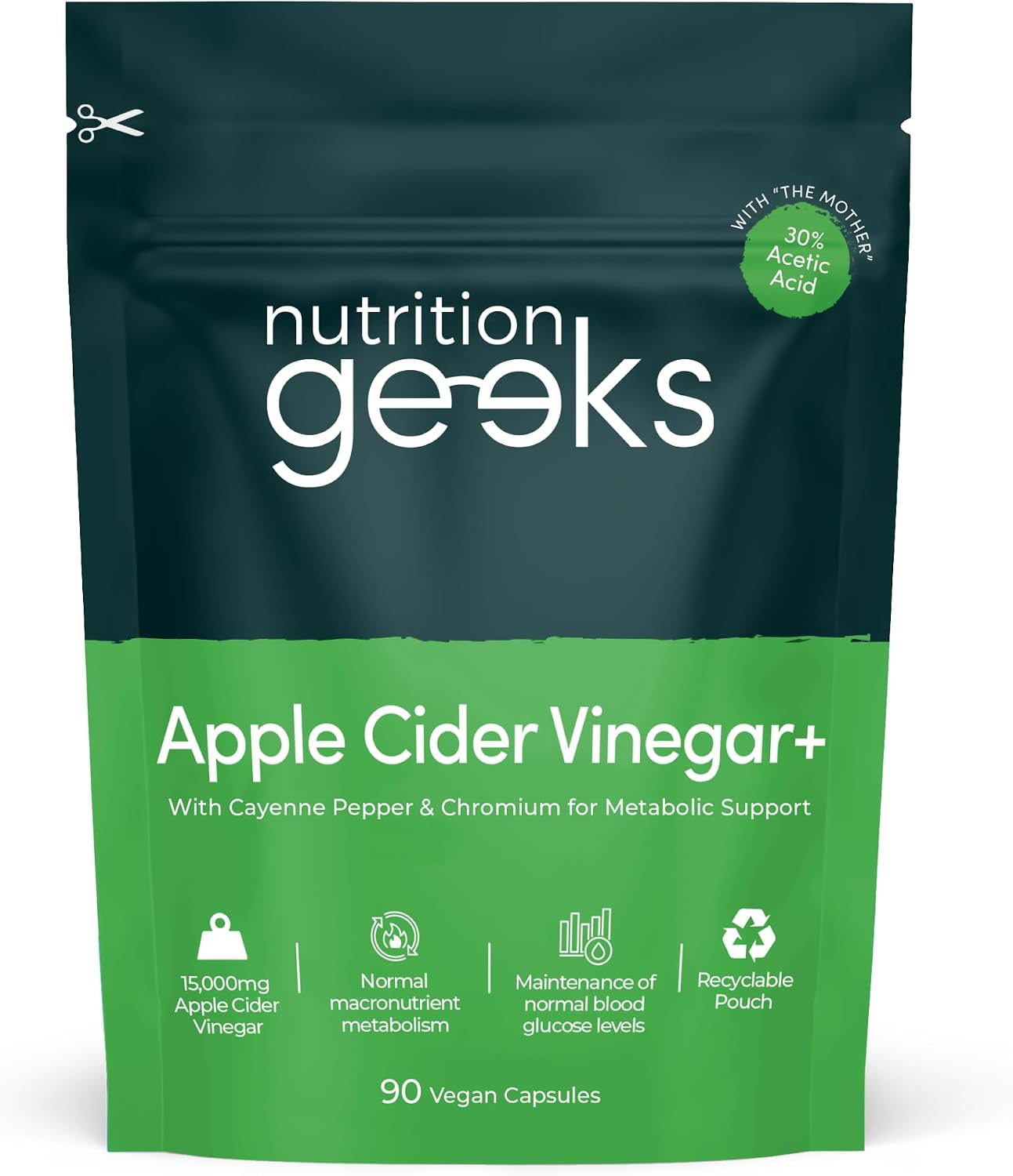 Nutrition Geeks Apple Cider Vinegar+ 15000mg, vegan food supplement capsule packaging, no flavour, 90 capsules