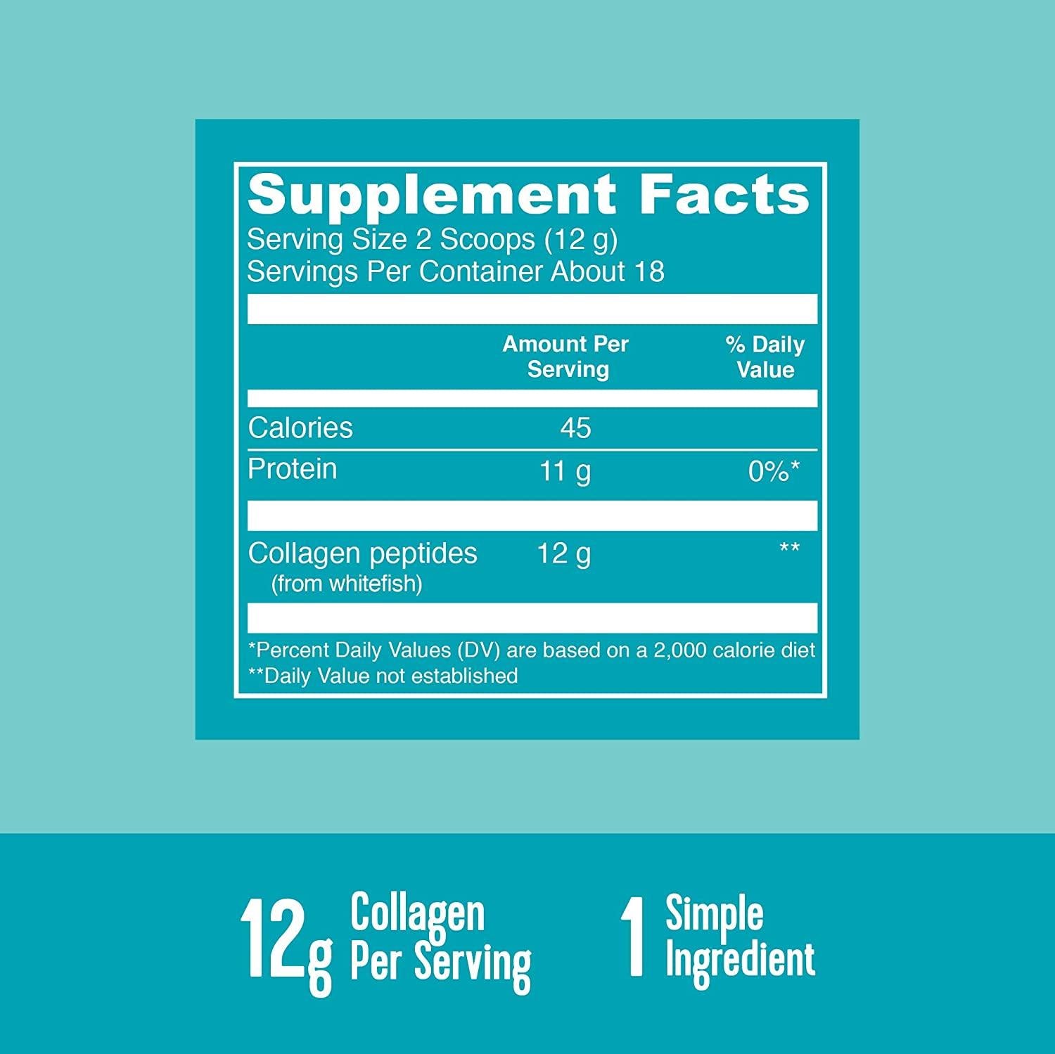 Supplement facts & ingredients image: Vital Proteins Marine Collagen Peptides powder unflavoured tub 221g ingredients label