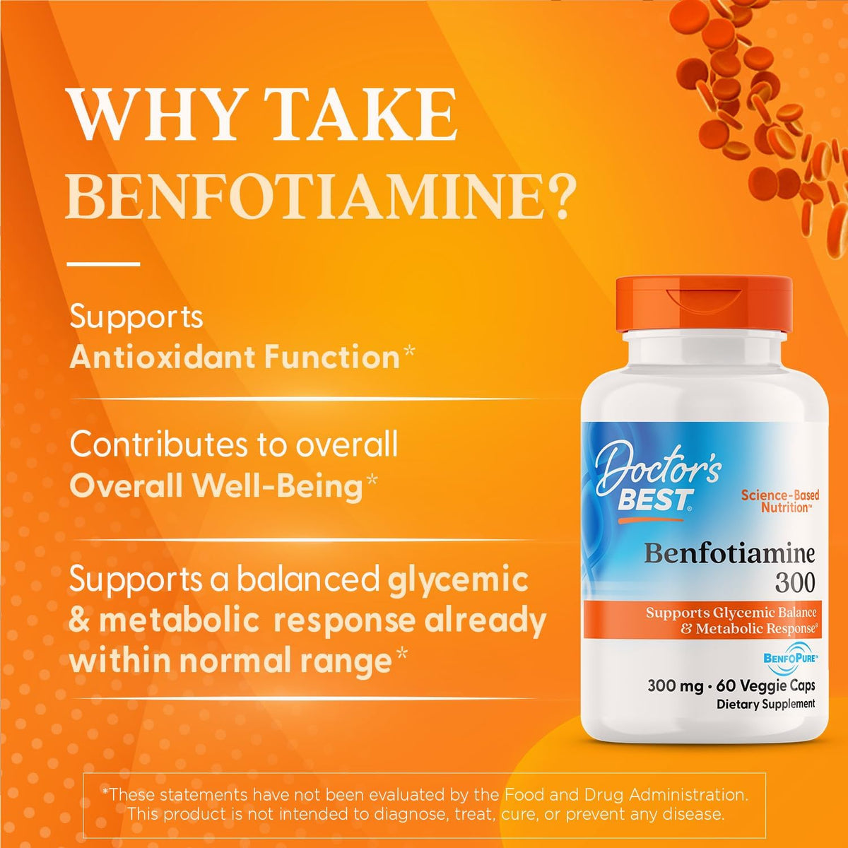 Doctor's Best Benfotiamine, bottle packaging, no flavour, 300mg, 60 veggie capsules, daily dietary supplement use