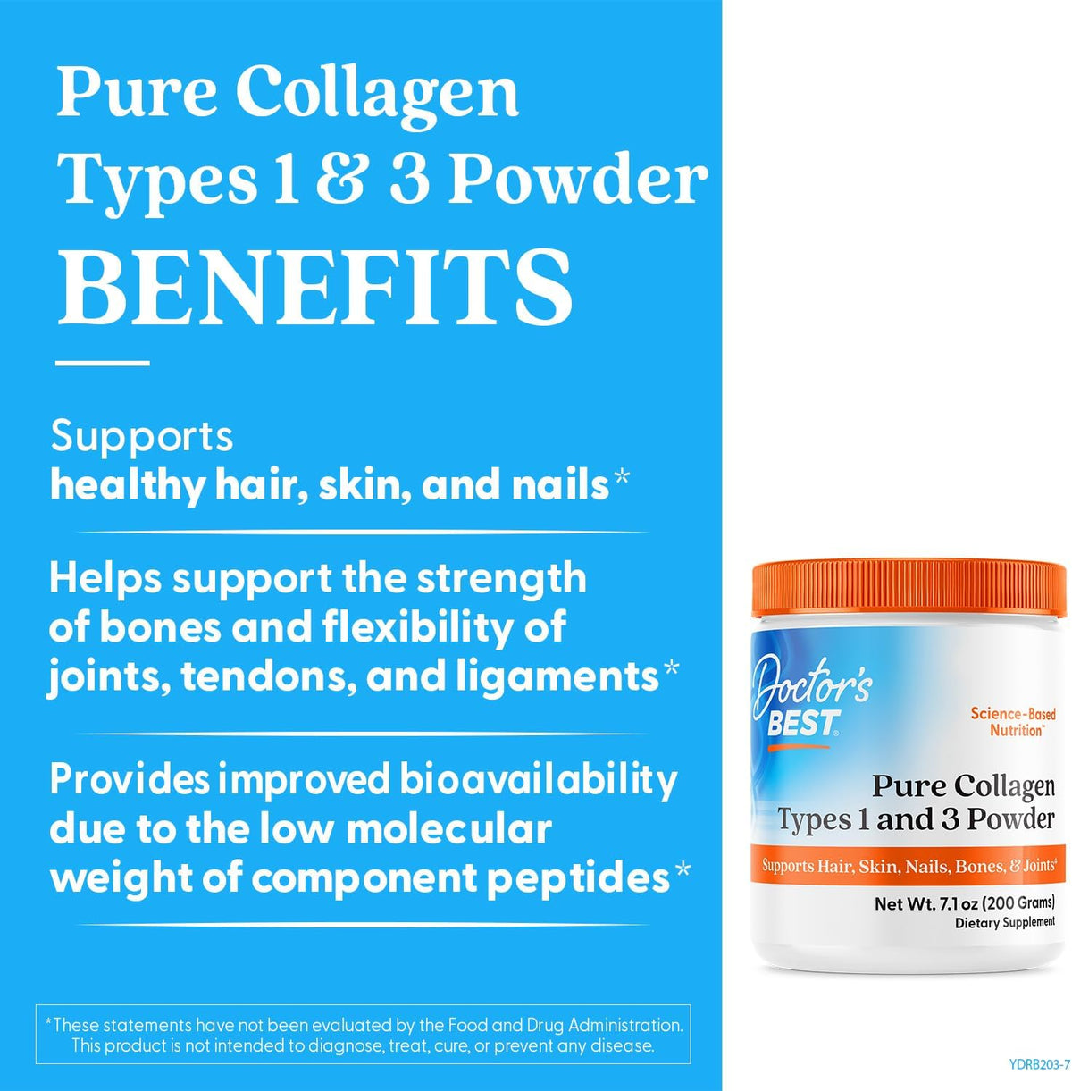 Doctor's Best Pure Collagen Types 1 & 3 Powder, container packaging, unflavoured, 200g, daily dietary supplement use