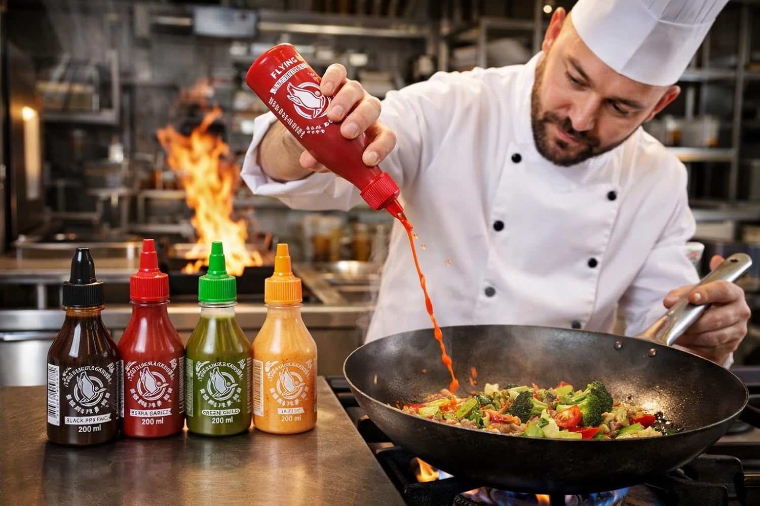 Lifestyle/use image: Flying Goose sriracha sauces served with meals chilli sauce 6 pack