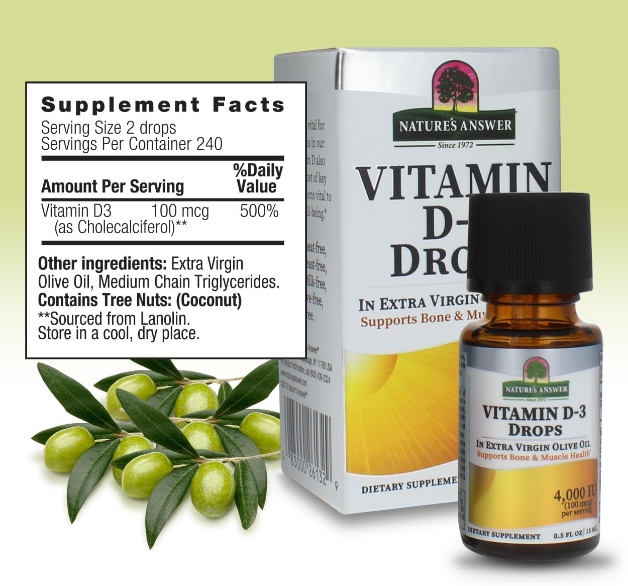 Nature’s Answer Vitamin D3 supplement facts olive oil drops 15ml