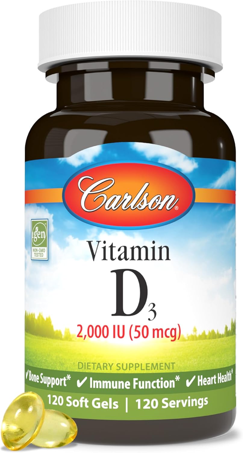 Front image: Carlson Vitamin D3 2000 IU softgels bottle gluten free 120 count